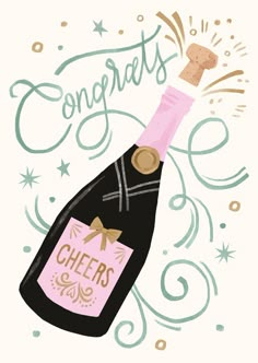 a bottle of champagne with congratulations written on the side and confetti coming out of it