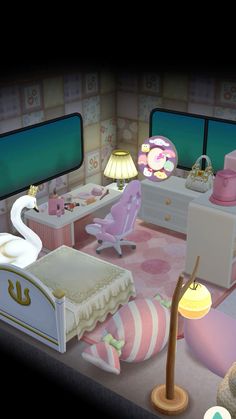 an animated image of a child's bedroom with swan decorations and pink furniture on the floor