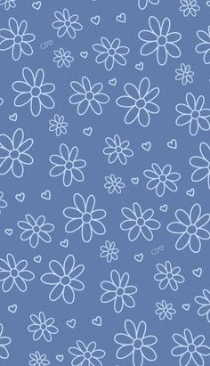 a blue background with white flowers and hearts