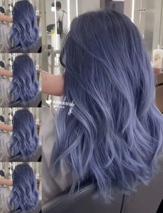 Blue Hair Gradient, Ash Blue Hair Color, Blue Lavender Hair, Smokey Purple Hair, Periwinkle Blue Hair, Steel Blue Hair, Ashy Blue Hair, Grey Blue Hair