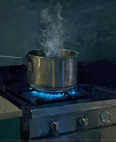 a painting of a pot on top of a stove with steam coming out of it