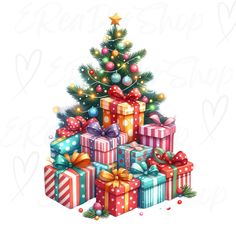 a christmas tree with presents under it on a white background and the words merry christmas written below