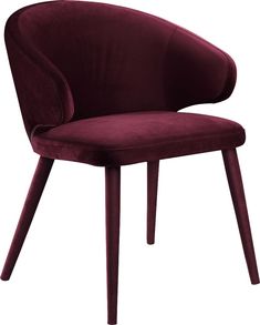 an upholstered chair with wooden legs and a dark red velvet finish, viewed from the front