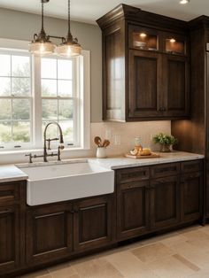 a kitchen with wooden cabinets and white sink