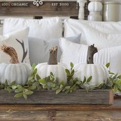 white pumpkins and greenery sit in a wooden crate on a bed with pillows