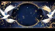 two white doves flying in front of a blue background with gold swirls and stars