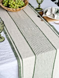 a table topped with green grapes next to a basket filled with white plates and glasses