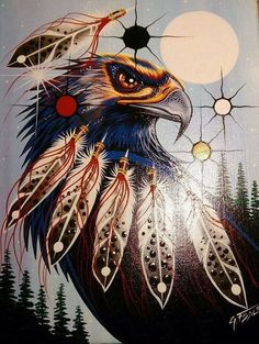 a painting of an eagle with feathers on it's head and trees in the background