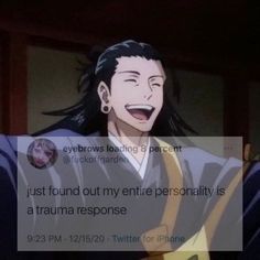 an anime character with long black hair laughing