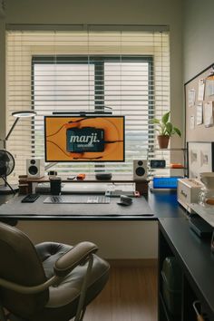 A minimalistic desk setup with a large monitor, wireless keyboard and mouse, small indoor plants, and a clean, organized layout. Natural light filters through blinds, adding a calm and serene atmosphere Desk Setup Shelves, Desktop Setup Ideas, Clean Desk Setup, Minimalist Workspace, Tiny Home Office, Having Coffee, Clean Desk