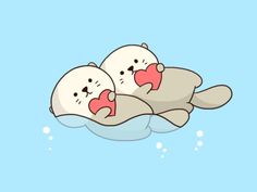 two sea otters floating on top of an ice floet with hearts in their mouths