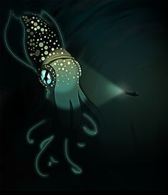 an octopus is glowing in the dark with its head turned to look like it's floating