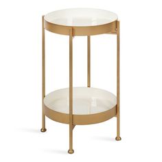 Experience a table that combines modern design with smart and efficient storage capacity with the Nira Two-Tier Modern Side Table from Kate and Laurel. This end table features two shelves with a diameter of 15", providing you plenty of tabletop space for small, decorative items, media remotes, photos, blankets, and even small plants. Each tabletop has a glossy enamel finish, highlighting the delicate, decorative design of this table. Featuring a metal frame with a gold finish and gray tabletop s Glam Side Table, Round Metal Side Table, Gold Side Table, Metal End Tables, Side End Table, Efficient Storage, Furniture Packages, Side Tables Bedroom, Studio Table