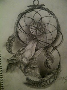 a drawing of a wolf and a dream catcher