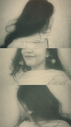 three different images of a woman with long hair and glasses on her face, in black and white