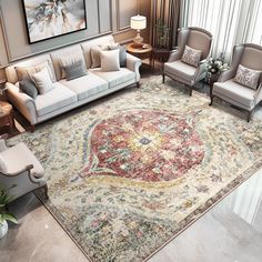 a living room filled with furniture and a large rug on top of a hard wood floor