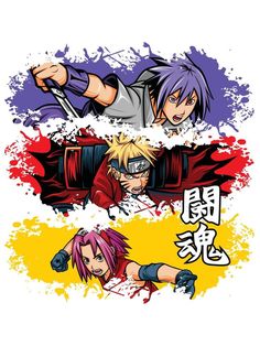 two anime characters, one with purple hair and the other with pink hair holding swords