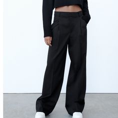 High-Waist Trousers Made Of A Viscose Blend. Featuring Side Pockets, Rear Welt Pockets, Front Darts, A Wide-Leg Fit And Metal Hook, Button And Zip Fastening At The Front. Zara Wide Leg Pants High Waist, Cheap Zara Straight Leg Pants, Zara Full Length Pants, Baggy Wide Leg Pants For Workwear, Tailored High-waist Wide Leg Pants With Pockets, Wide Leg Work Pants For Fall, Baggy Pants For Workwear, High Waist Baggy Dress Pants For Work, Classic Baggy High-waist Bottoms