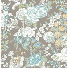 a floral wallpaper pattern with blue, yellow and white flowers on a brown background