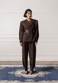 Twist Sleeve Tailored Blazer with Belt - Brown Womens Fitted Suit, Editorial Moodboard, Fitted Clothing, Blazer With Belt, Womens Suit, Dress Sets, Soft Tailoring, Belt Brown, Professional Wardrobe