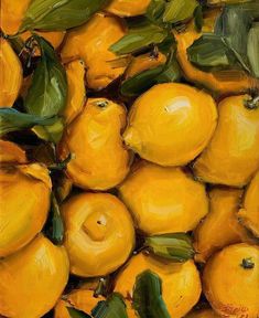 an oil painting of yellow lemons with green leaves