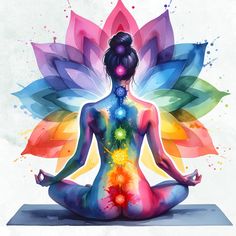 a woman is sitting in the lotus position with her body painted multicolored and surrounded by flowers