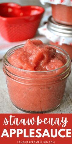 an apple sauce in a glass jar with the title above it