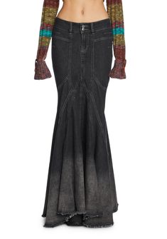 Current Mood Low Rise Denim Godet Maxi Skirt - Gray/Black – Dolls Kill Current Mood Clothing, Godet Skirt, Maxi Skirt Outfits, Mermaid Skirt, Denim Maxi Skirt, Current Mood, Mermaid Fashion, Gray Skirt, Dolls Kill