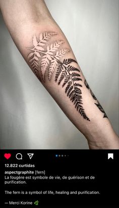 a person's arm with a fern leaf tattoo on the left side of their arm