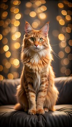 an orange cat sitting on top of a couch