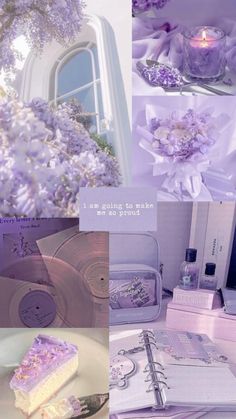 a collage of purple and white pictures with flowers, candles, books, and other items