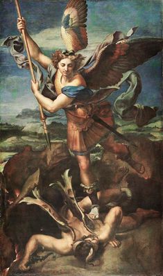 a painting with an angel holding a spear