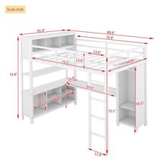 an image of a loft bed with shelves and ladders for the upper bunk area