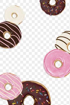 four donuts with different frosting and sprinkles are on a white background