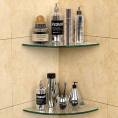 two glass shelves with bottles and other items on them in a tiled bathroom wall - to - wall