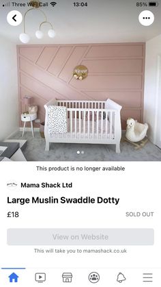 a baby crib with pink walls and white furniture in the corner, on sale