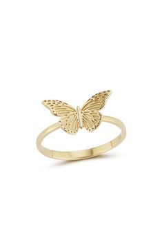 An etched butterfly adds whimsical charm to this dainty ring crafted from gleaming 14-karat gold. 3/8"W x 5/8"L setting 14k gold Made in Turkey Ring Crafts, Butterfly Rings Jewelry, Butterfly Rings, Gold Butterfly Ring, Butterfly Ring, Gold Band Ring, Gold Butterfly, Rings Jewelry, Dainty Ring