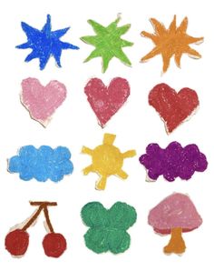 colored crayon hearts and leaves are shown in this drawing lesson for toddlers