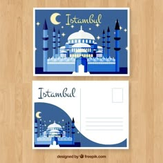 two postcards with an image of the blue mosque and crescent moon on them, one is