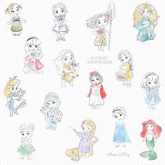 disney princesses are drawn in different colors and sizes, with the names on them