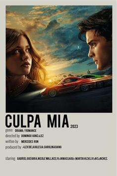 a movie poster for the film cupa mia with two people in front of a car