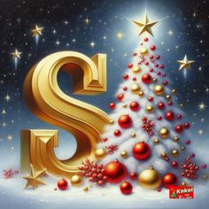 the letter s is next to a christmas tree with balls and stars on it,