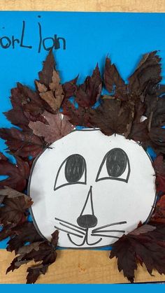 a paper plate with leaves on it and a cat's face in the middle