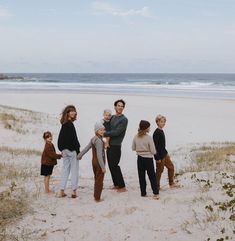 a group of people standing on top of a sandy beach next to the ocean,