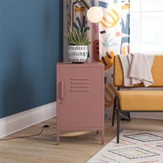 a pink locker next to a yellow chair