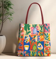 This design has all the colors of Spring. A perfect bag for all your beach paraphernalia, or great for shopping or as a book bag, for knitting - anything! Available in three sizes to add both versatility and style, these polyester tote bags come with a choice of handle colors. Featuring double-stitched seams, cotton webbing straps, and nonwoven laminate lining for high-end durability. One single storage compartment (no pockets), and no closure. Small: 13 x 13in; Medium: 16 x 16in; Large 18 x 18i Casual Multicolor Canvas Shopping Bag, Summer Multicolor Canvas Bag With Large Capacity, Summer Shoulder Bag With Large Capacity, Large Capacity Summer Shoulder Bag As Gift, Playful Red Shoulder Bag For Daily Use, Colorful Tote Shoulder Bag For Shopping, Summer Multicolor Canvas Bag For Daily Use, Multicolor Summer Canvas Bag For Daily Use, Multicolor Canvas Bag For Daily Summer Use