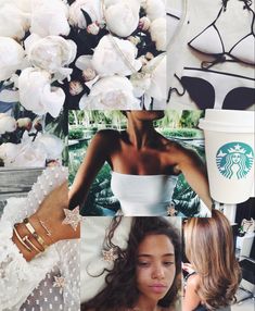 the collage shows white flowers, coffee cup, and woman's face with her hands on her hips