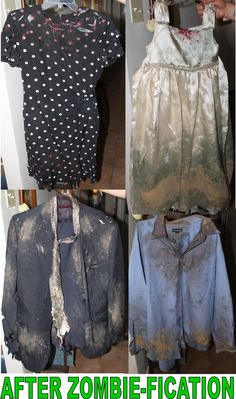 there are four different pictures of clothes hanging on the closet door and one is dirty