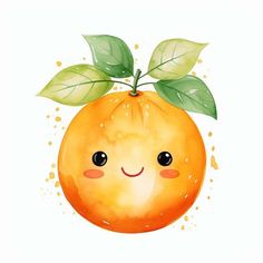 an orange with green leaves on it's head and eyes, painted in watercolor