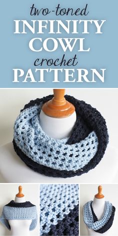 two toned crochet cowl scarf pattern is shown in three different colors and sizes